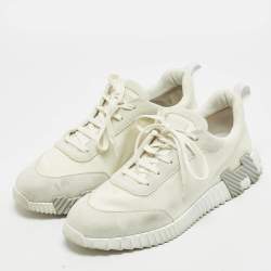 Pre Owned Hermes Bouncing Size 44 Cream/Grey Mesh and Suede Lace Up Sneakers