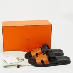 Pre Owned Hermes Chypre Size 42.5 Brown/Black Leather Flat Sandals