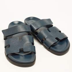Pre Owned Hermes Chypre Size 43 Blue Leather Flat Sandals