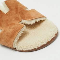 Pre Owned Hermès Izmir Size 44 Brown Leather And Fur Flat Slides 