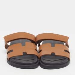 Pre Owned Hermès Chypre Size 42.5 Tan Leather Flat Slide
