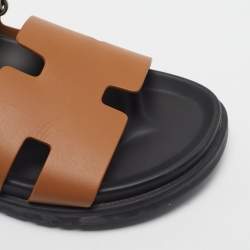 Pre Owned Hermès Chypre Size 42.5 Tan Leather Flat Slide