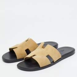 Pre Owned Hermes Izmir Size 42 Beige Suede Flat Slides