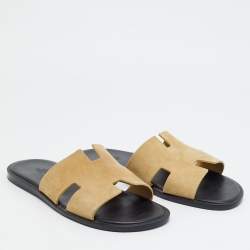 Pre Owned Hermes Izmir Size 42 Beige Suede Flat Slides