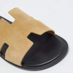Pre Owned Hermes Izmir Size 42 Beige Suede Flat Slides