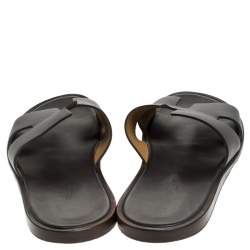 Hermes Dark Brown Leather Izmir Flat Slides Size 44