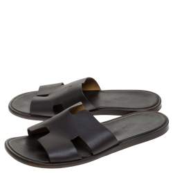 Hermes Dark Brown Leather Izmir Flat Slides Size 44