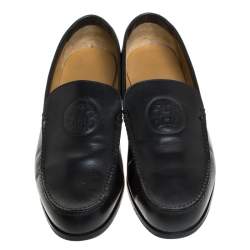 Pre Owned Hermes Black Logo Embossed Leather Slip On Loafers Size 41