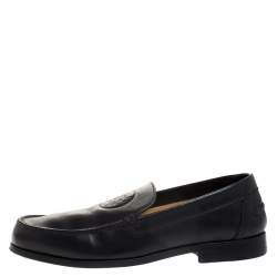 Pre Owned Hermes Black Logo Embossed Leather Slip On Loafers Size 41