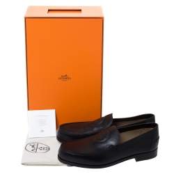 Hermes Black Logo Embossed Leather Slip On Loafers Size 41.5