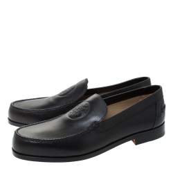 Hermes Black Logo Embossed Leather Slip On Loafers Size 41.5