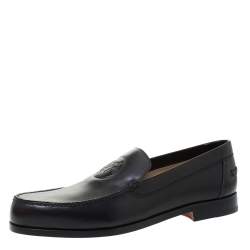 Hermes Black Logo Embossed Leather Slip On Loafers Size 41.5