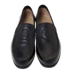 Hermes Black Logo Embossed Leather Slip On Loafers Size 41.5