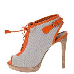 Hermes Grey Canvas And Orange Leather Trim Lace Up Peep Toe Platform Booties Size 40