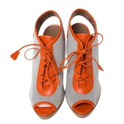 Hermes Grey Canvas And Orange Leather Trim Lace Up Peep Toe Platform Booties Size 40