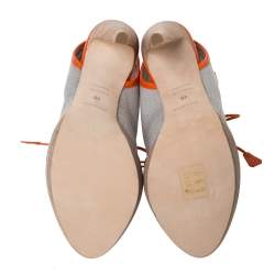 Hermes Grey Canvas And Orange Leather Trim Lace Up Peep Toe Platform Booties Size 40