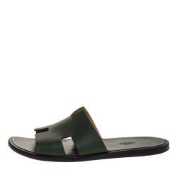 Hermes Green Leather Izmir Flat Slides Size 43.5 