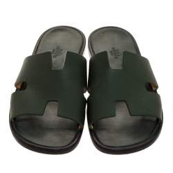 Hermes Green Leather Izmir Flat Slides Size 43.5 