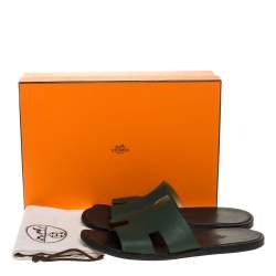 Hermes Green Leather Izmir Flat Slides Size 43.5 