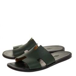 Hermes Green Leather Izmir Flat Slides Size 43.5 