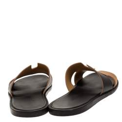 Hermes Black/Brown Leather Izmir Flat Slides Size 43.5