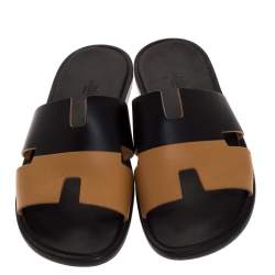 Hermes Black/Brown Leather Izmir Flat Slides Size 43.5