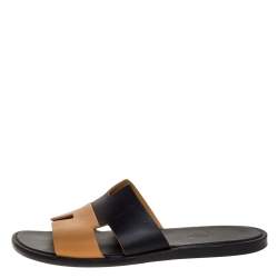 Hermes Black/Brown Leather Izmir Flat Slides Size 43.5