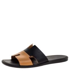 Hermes Black/Brown Leather Izmir Flat Slides Size 43.5