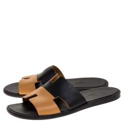 Hermes Black/Brown Leather Izmir Flat Slides Size 43.5