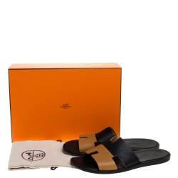 Hermes Black/Brown Leather Izmir Flat Slides Size 43.5