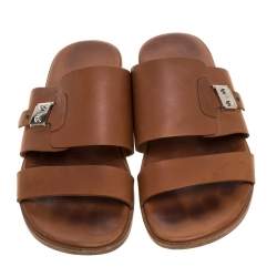 Hermes Brown Leather Slide Sandals Size 43.5