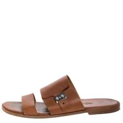Hermes Brown Leather Slide Sandals Size 43.5