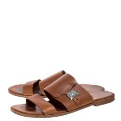 Hermes Brown Leather Slide Sandals Size 43.5