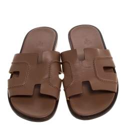 Hermes Brown Leather Izmir Flat Slides Size 42.5