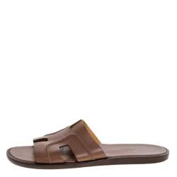 Hermes Brown Leather Izmir Flat Slides Size 42.5