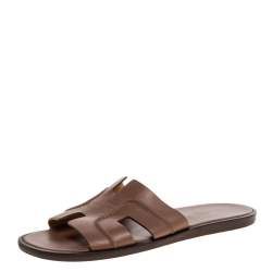 Hermes Brown Leather Izmir Flat Slides Size 42.5