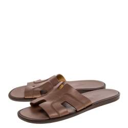 Hermes Brown Leather Izmir Flat Slides Size 42.5