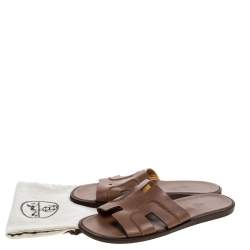 Hermes Brown Leather Izmir Flat Slides Size 42.5