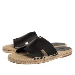 Pre Owned Hermes Black Leather Antigua Espadrille Sandals Size 41