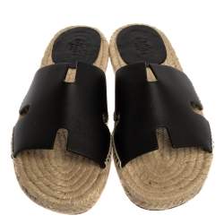 Pre Owned Hermes Black Leather Antigua Espadrille Sandals Size 41