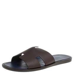 Hermes Brown/Blue Epsom Leather Izmir Flat Slides Size 43