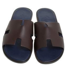 Hermes Brown/Blue Epsom Leather Izmir Flat Slides Size 43