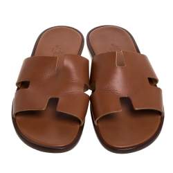 Pre Owned Hermes Brown Leather Izmir Flat Slides Size 42.5