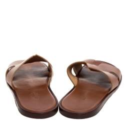 Pre Owned Hermes Brown Leather Izmir Flat Slides Size 42.5