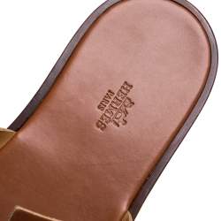 Pre Owned Hermes Brown Leather Izmir Flat Slides Size 42.5