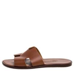 Pre Owned Hermes Brown Leather Izmir Flat Slides Size 42.5