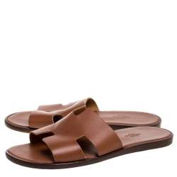 Pre Owned Hermes Brown Leather Izmir Flat Slides Size 42.5