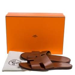 Pre Owned Hermes Brown Leather Izmir Flat Slides Size 42.5