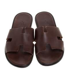 Hermes Brown Leather Izmir Flat Slides Size 42.5