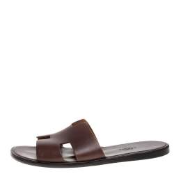 Hermes Brown Leather Izmir Flat Slides Size 42.5